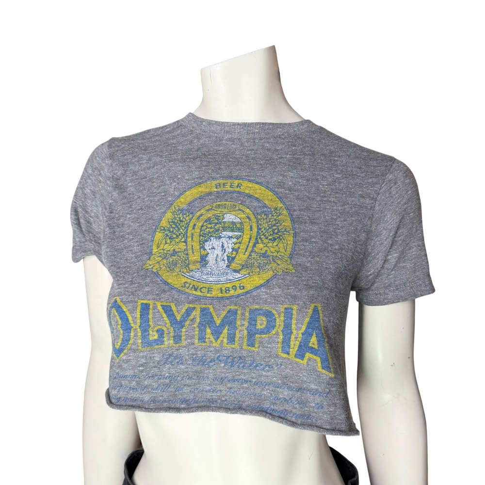 Lancaster Olympia Beer Graphic Crop Top Gray Raw Distressed Indie Sleaze S/M
